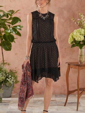 SUNDANCE On The Sea Black Lace Eyelet Hanky Hem Dress – Med